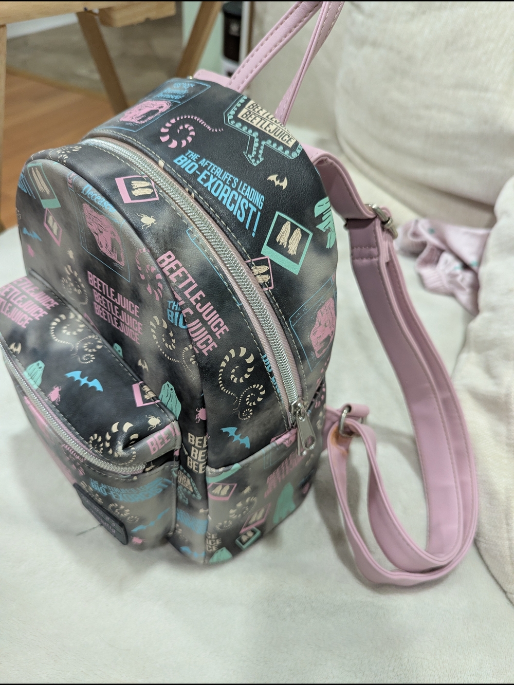 Loungefly Beetlejuice Mini Backpack - Black with Pink & Teal Print - Picture 3 of 6